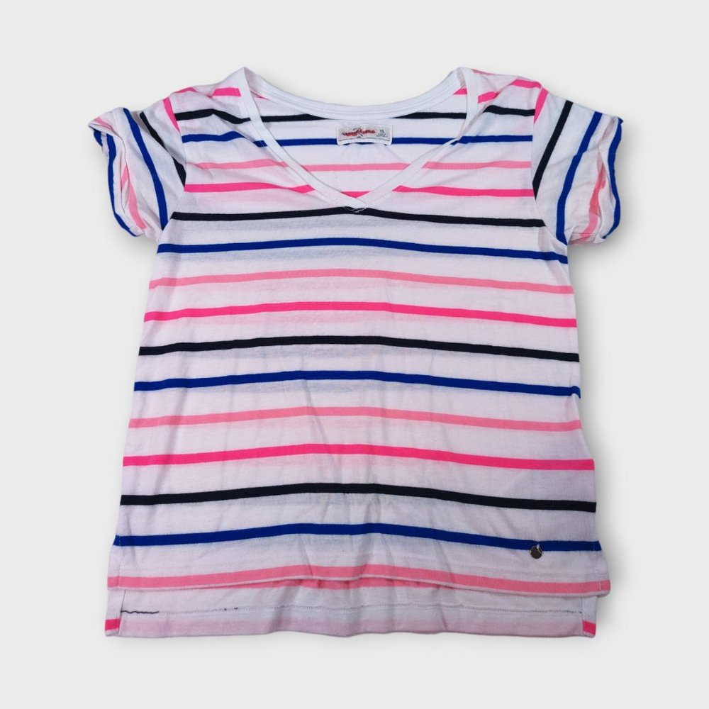 Abercrombie & Fitch White, Pink, Blue and Black striped V-neck Tee Size XS